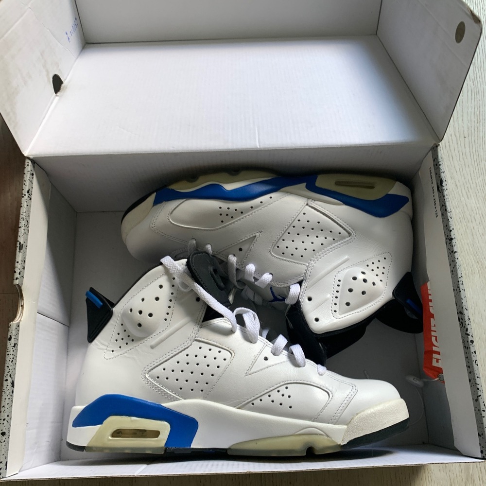 Air Jordan 6 Retro Sport Blue 2014 Mens White Blue Sneakers 384664-107 Size 8